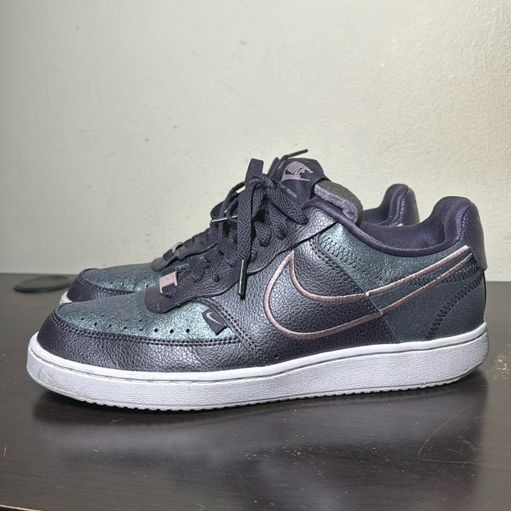 Nike Women Court Vision Purple/Silver Blue Leather Low Sneakers Athletic Shoes